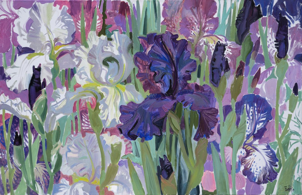 Impressionistic Botanical Oil Painting By Liudmyla Korzh-Radko, 39 X 26", Irises. White. Blue. Lilac, Original Artwork