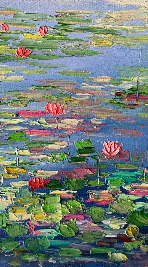Pink Water lilies pond ! Oil painting on ready to hang canvas by Amita Dand