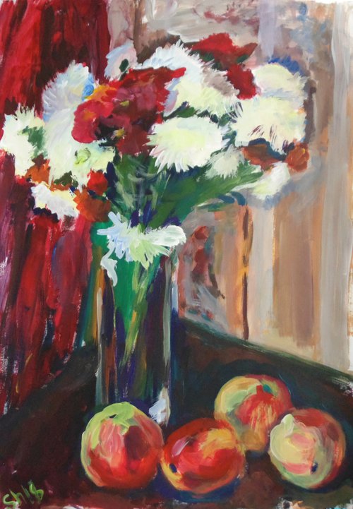Bouquet and apples. Acrylic on dense paper. 43 x 61 cm by Alexander Shvyrkov