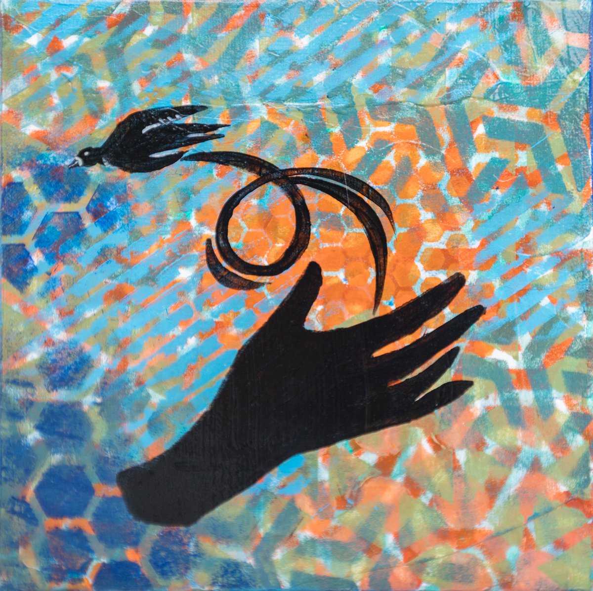 Graphic Portrait Acrylic Painting By Ariadna De Raadt, 8 X 8, Hands Giving 2, Original Artwork