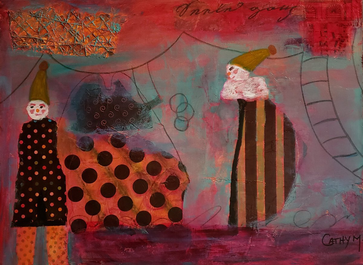 Abstract Portrait Painting By Cathy Maiorano, 24 X 18, Clowning Around, Original Artwork