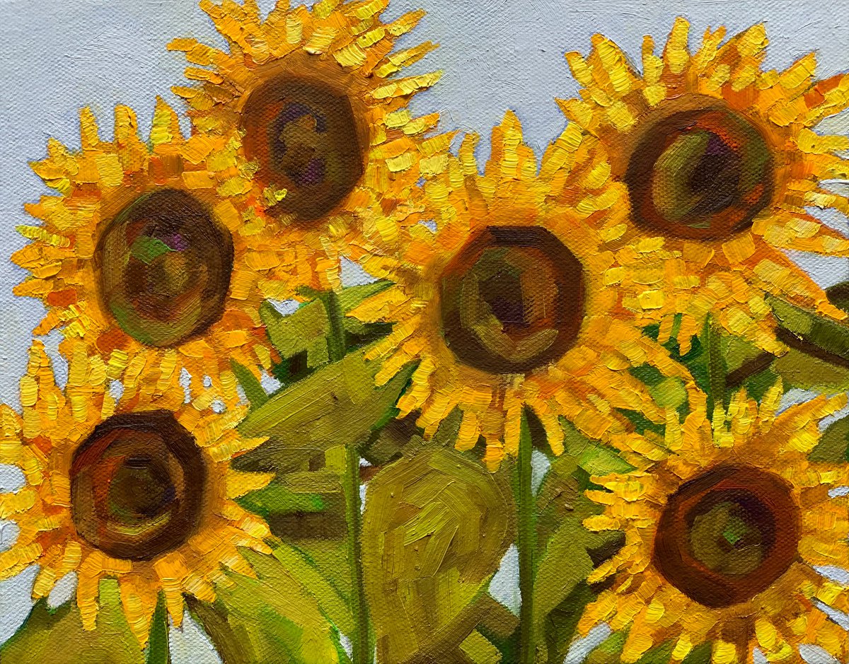 Impressionistic Botanical Oil Painting By Amita Dand, 10 X 8, Sunflowers On A Sunny Day, Original Artwork