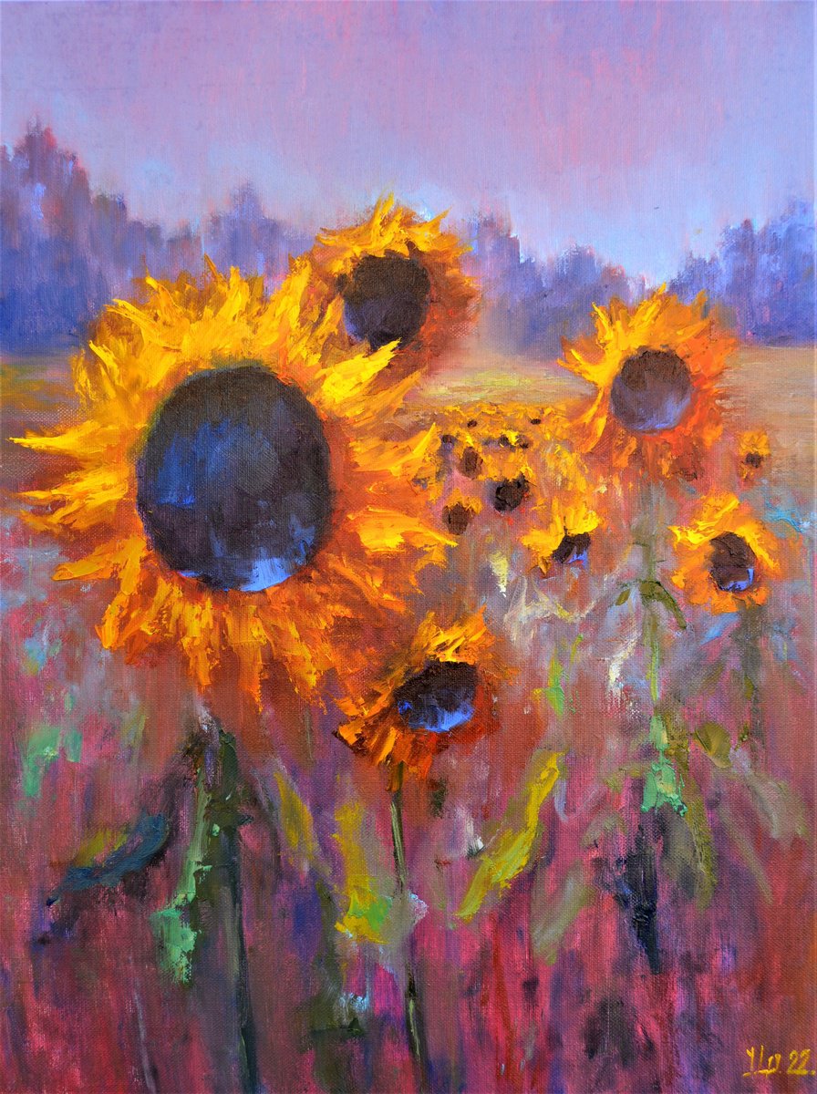 Impressionistic Botanical Oil Painting By Elena Lukina, 20 X 26, Sunflower Time, Original Artwork