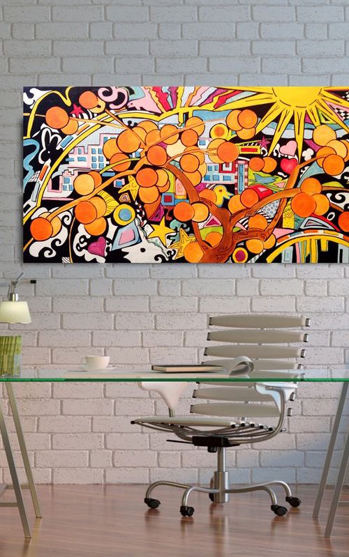 Cityscape from orage tree garden- original acrylic painting- large size (100x 50 x 4 cm ) (39' x 20') by Carlo Toma