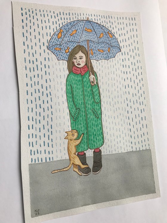 Umbrella & Cat - Mixed-media