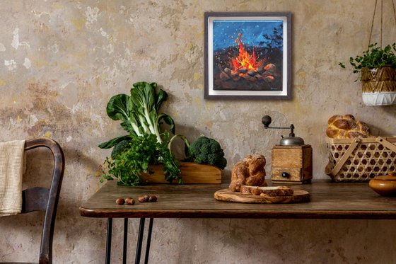 Bonfire - original painting, framed, ready to hang
