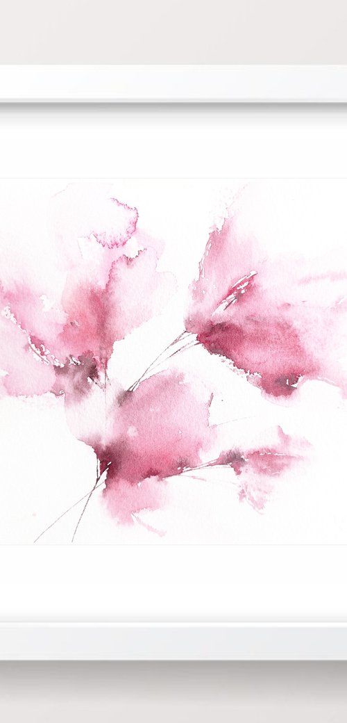 Pink abstract flowers, small watercolor painting by Olga Grigo