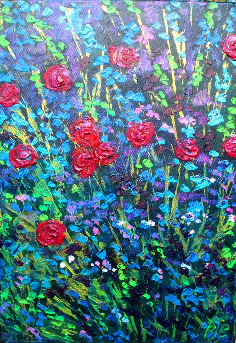 Impressionistic Botanical Acrylic Painting By Paul J Best, 12 X 17", Rose Garden Iii, Original Artwork