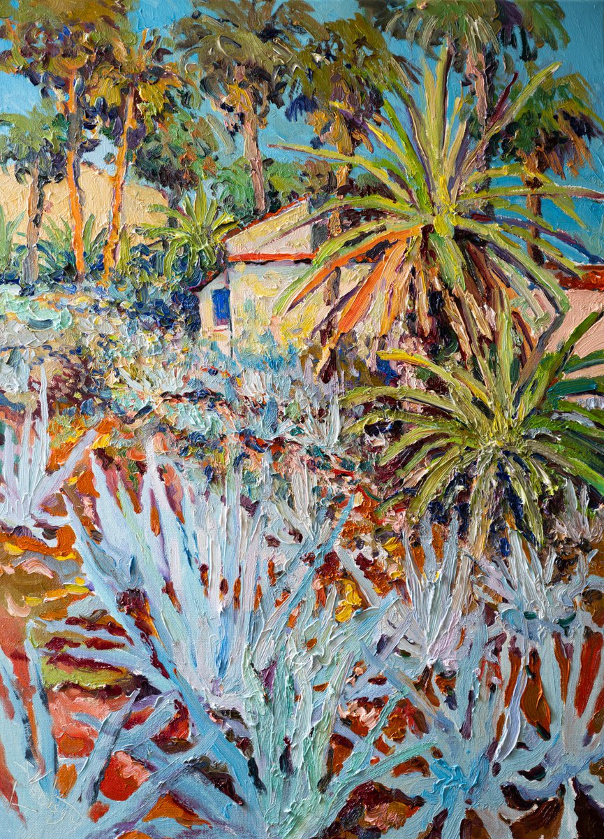 Expressive Landscape Oil Painting By Suren Nersisyan, 22 X 30", Agaves And Palm Trees, Original Artwork