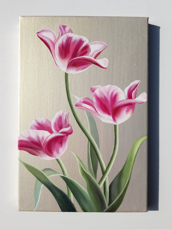 "Tulips", small floral painting, flowers art on pearl background