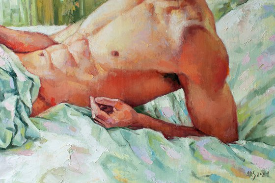 MORNING LIGHT by Yaroslav Sobol (Contemporary original oil painting of a nude male model in a bedroom filled with morning light, Home Decor)