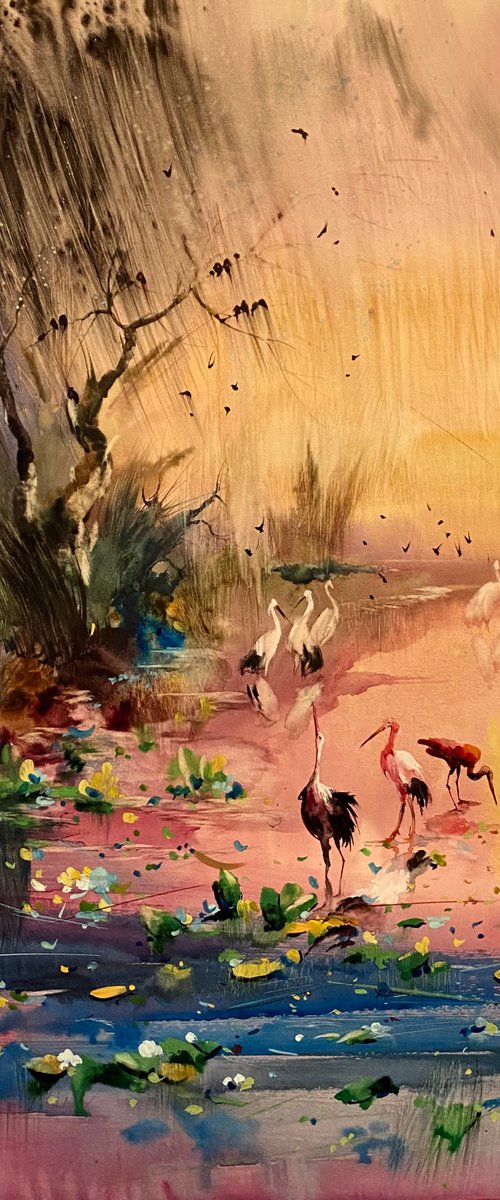 Sold Watercolor “Sunset rain. Danube Delta” perfect gift by Iulia Carchelan