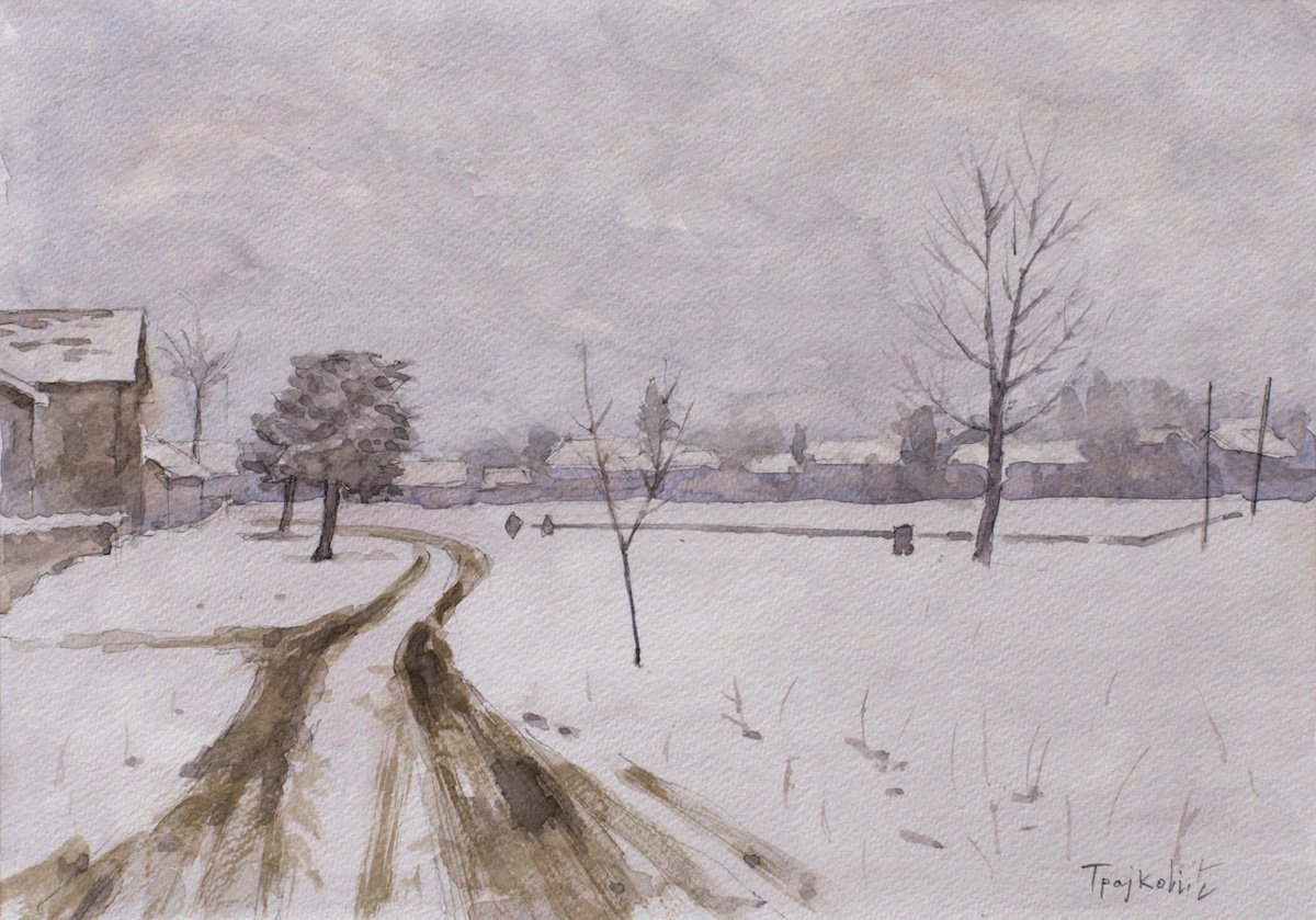 Impressionistic Landscape Watercolour By Dejan Trajkovic, 13 X 9, Village Under The Snow, Original Artwork