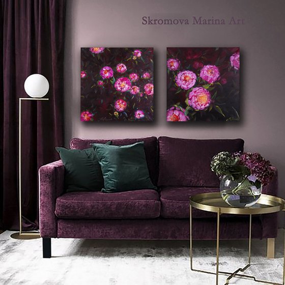 EVENING COOLNESS - Original. Pink flowers. Unusual peonies. Dark background. Floral art. Hand painting. Dust.