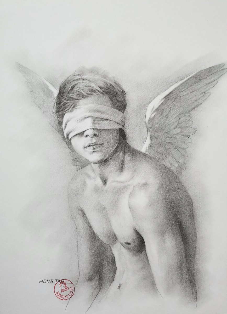 Illustrative Portrait Pencil Drawing By Hongtao Huang, 7 X 11, Angel Man, Original Artwork