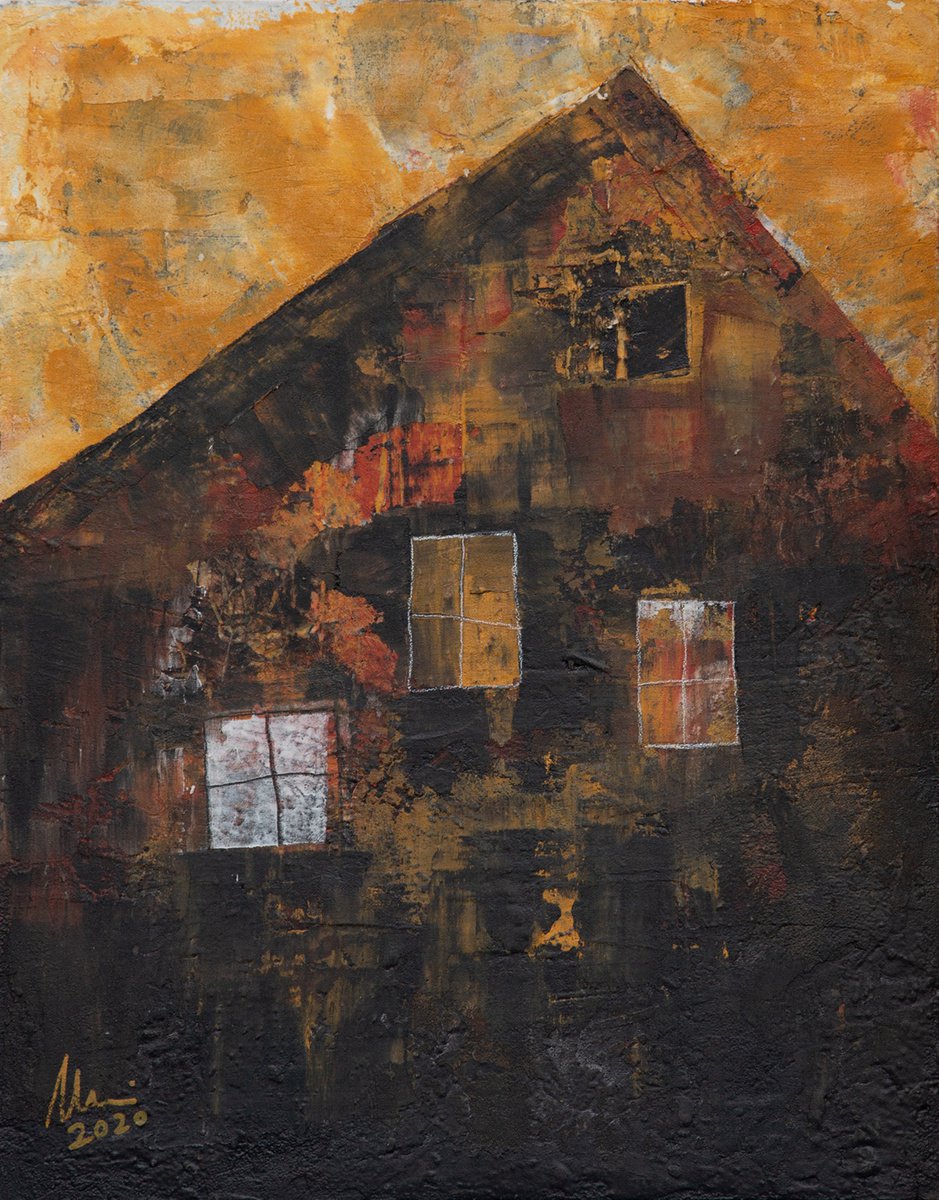 Organic Cityscapes Acrylic Painting By Peter Zelei, 14 X 18", Old House, Original Artwork