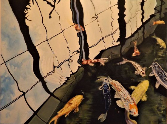 Reflections on a Koi pond 48 x 36 inch canvas