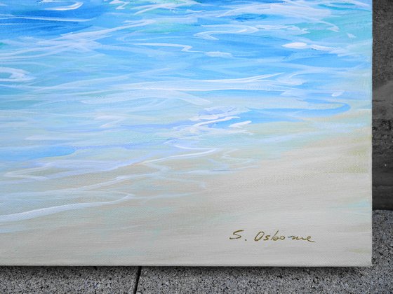 Sailing Boats Seascape Painting. Beach, Ocean, Sea Waves, Sky with Clouds. Coastal Decor Art.