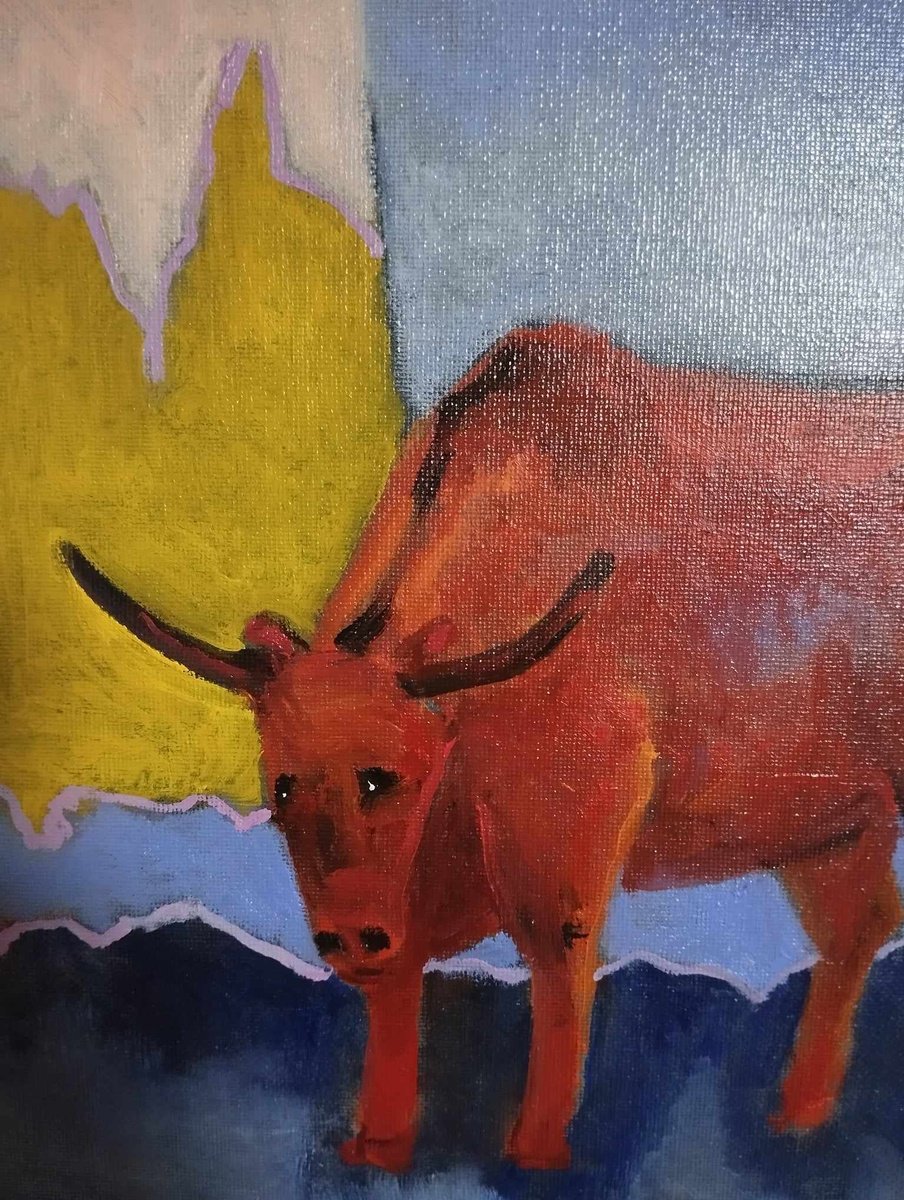 Expressive Animal Oil Painting By Leo Baxiner, 12 X 16", Winner ( Red Bull ), Original Artwork