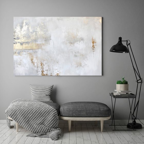 "Cascade 9" White and gold abstract art