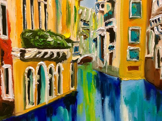 Venice #10. Canal . Water reflections. Oil painting, palette knife artwork