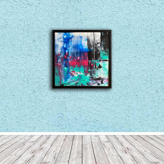 "Tokyo City Lights" - Original PMS Abstract Acrylic Painting On Plexiglass, Framed - 26" x 26"