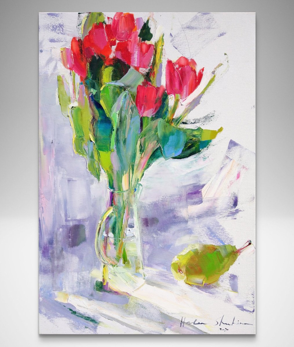 Tulips on white . Bouquet a la prima . Original oil painting by Helen Shukina