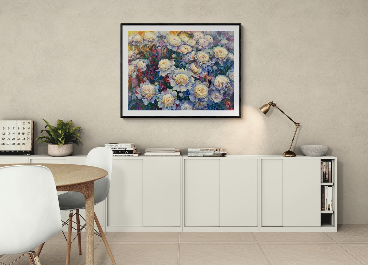 Impressionistic Botanical Oil Painting By Evgeny Chernyakovsky, 39 X 30, White Peonies, Original Artwork