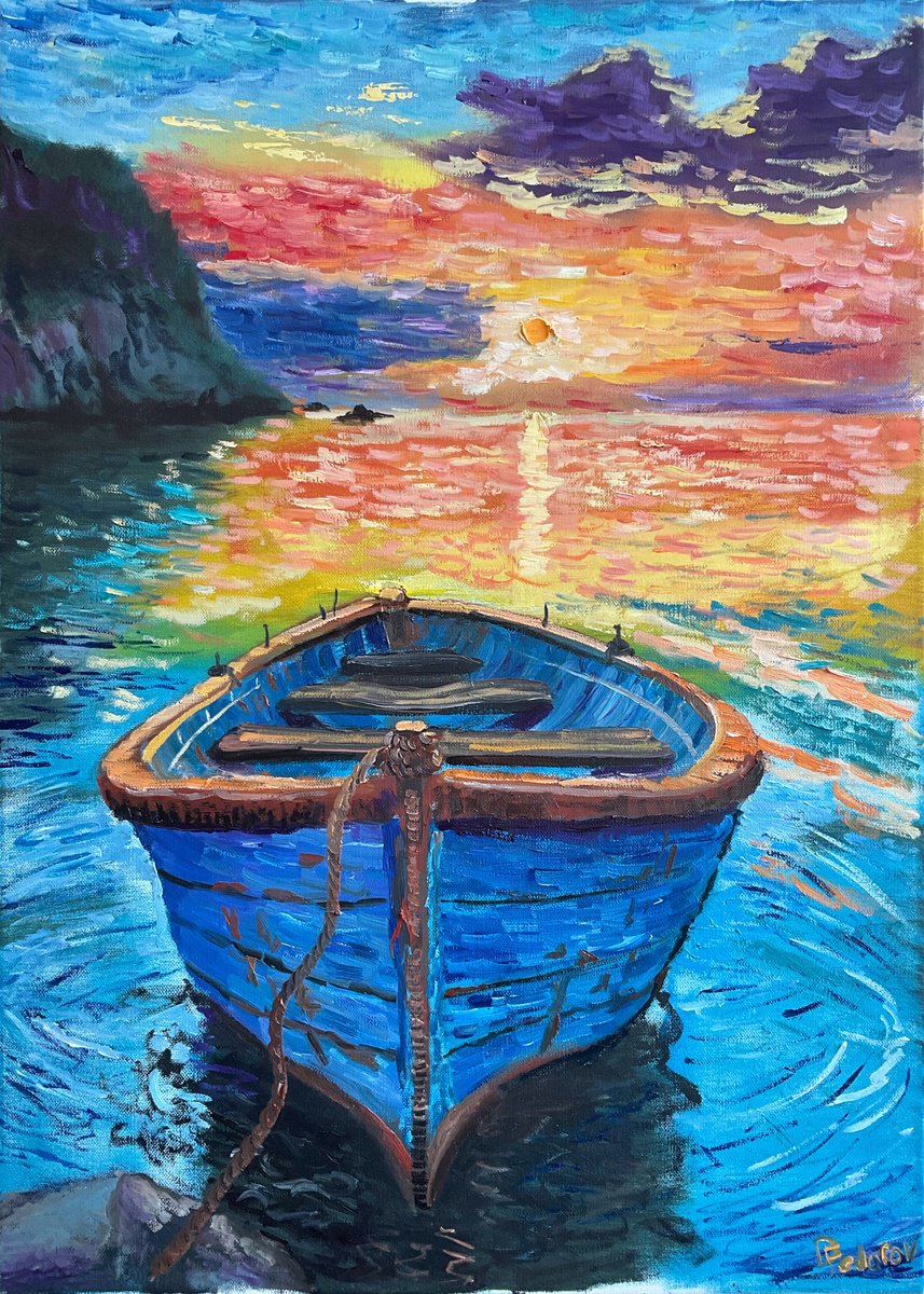 Impressionistic Landscape Oil Painting By Dmitry Fedorov, 20 X 28, Fishing Boat At Sunset, Original Artwork