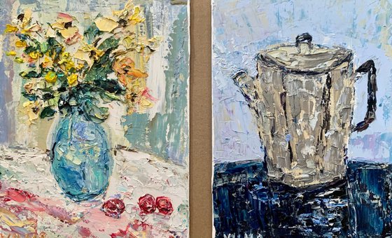 Still life with flowers and teapot