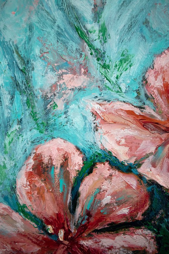 Coral oleanders | 50*60 cm | impasto volumetric oil painting of flowers