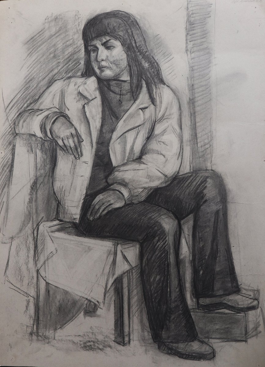 Impressionistic Portrait Charcoal Drawing By Kateryna Bortsova, 22 X 30", Drawing Portrait Of Black Hair Girl, Original Artwork