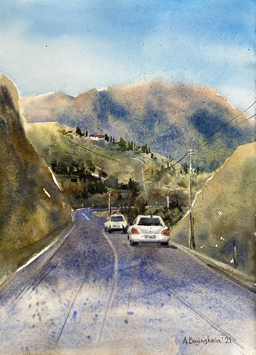 On the road again - original watercolor landscape by Anna Boginskaia