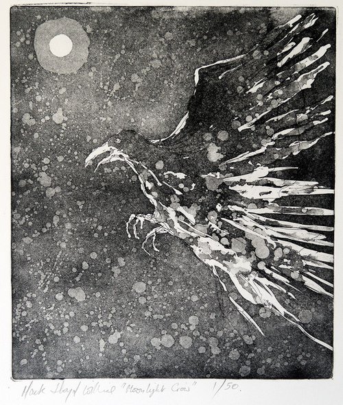 MOONLIGHT CROW hand printed large etching by Mark Lloyd Williams