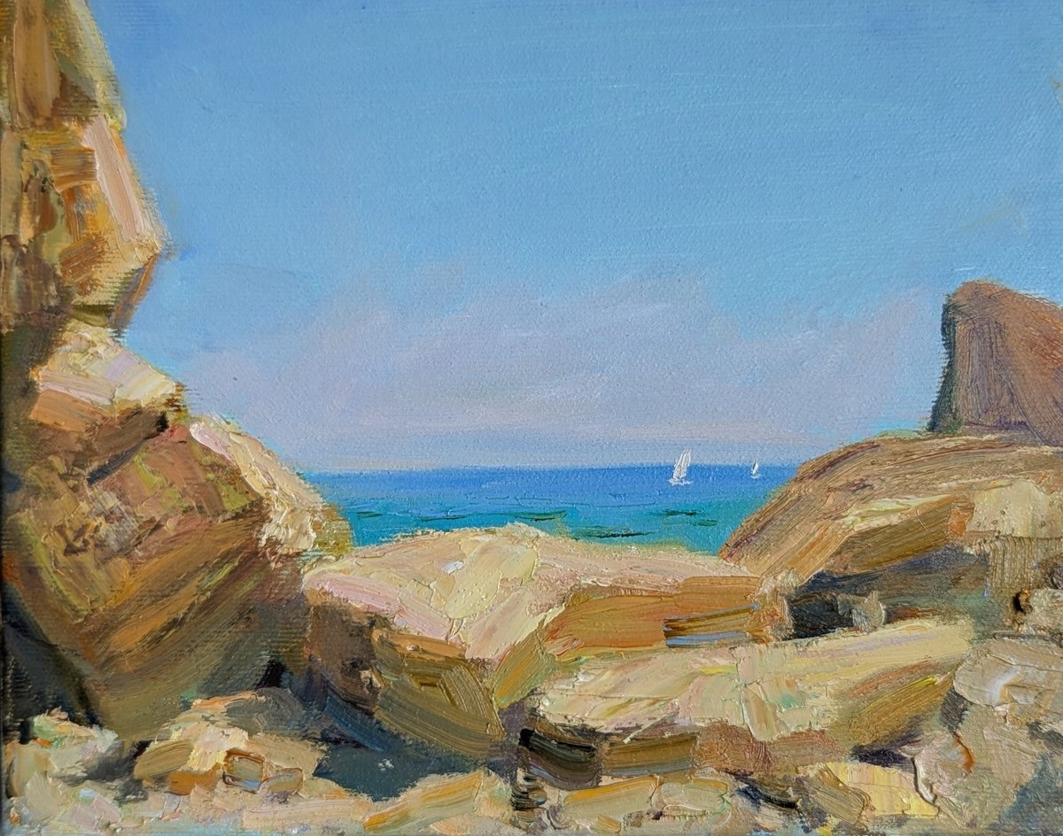 Impressionistic Landscape Oil Painting By Olga Samar, 10 X 8", Sailboats, Original Artwork