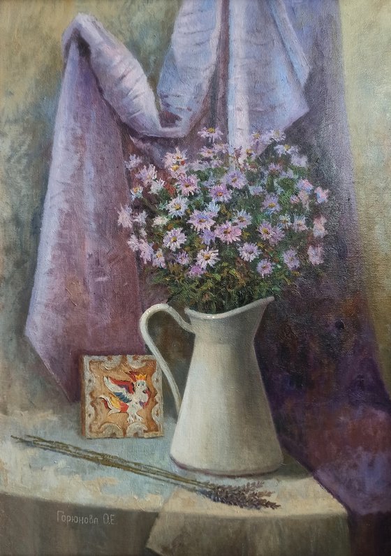 Still life with purple flowers