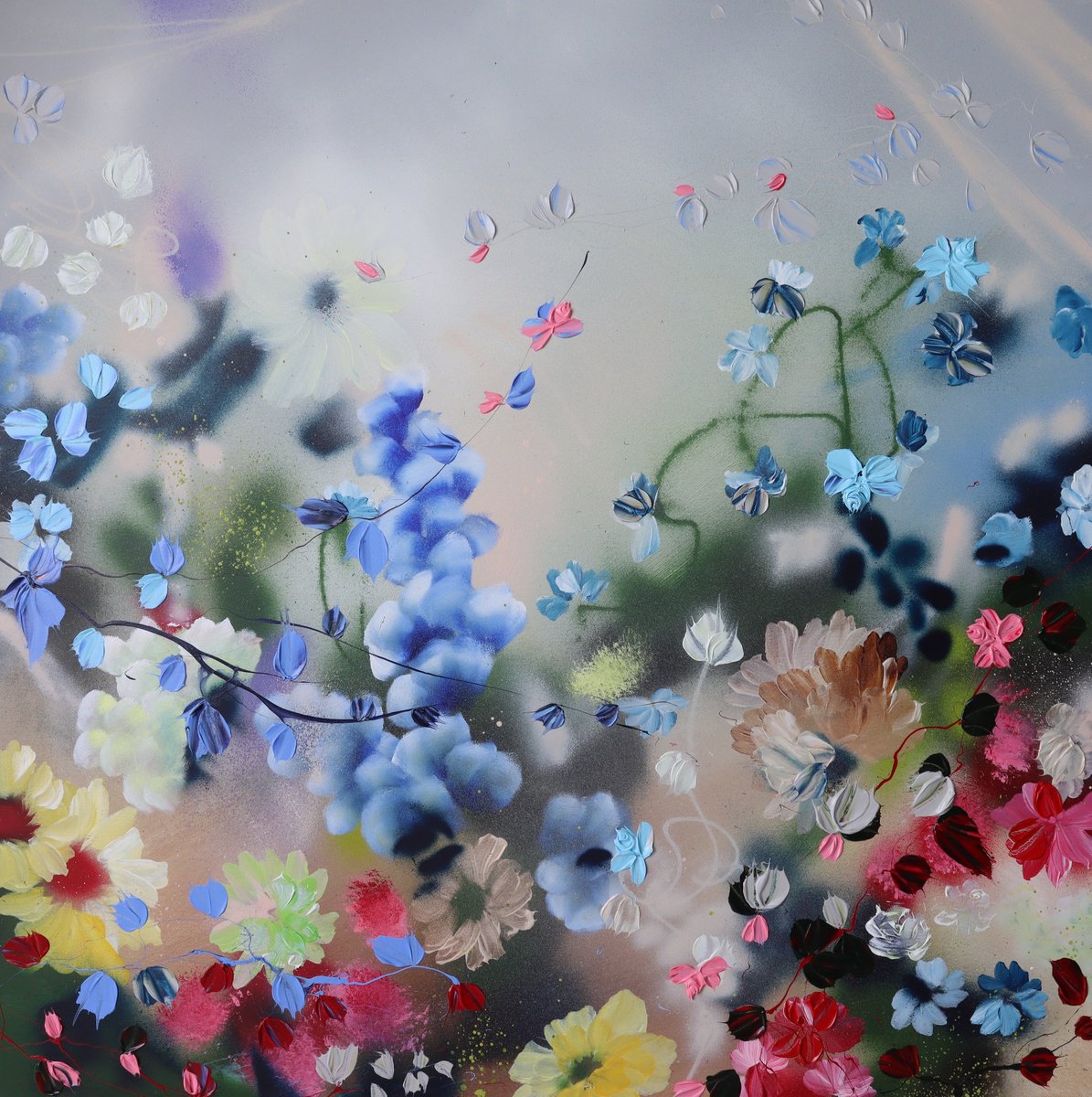 Square acrylic painting Hifuka" floral colorful art by Anastassia Skopp