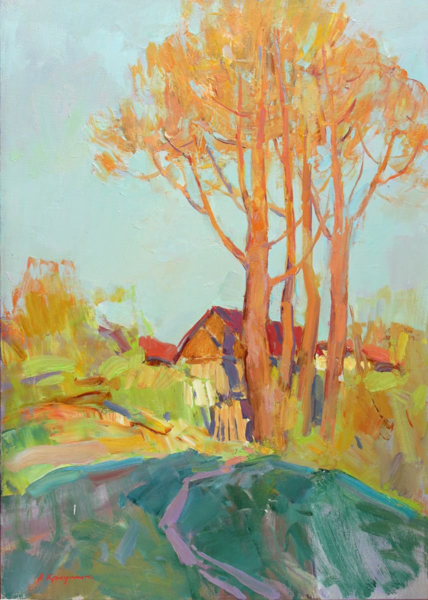 Impressionistic Landscape Oil Painting By Aleksandr Kryushyn, 20 X 28, Autumn Sun, Original Artwork
