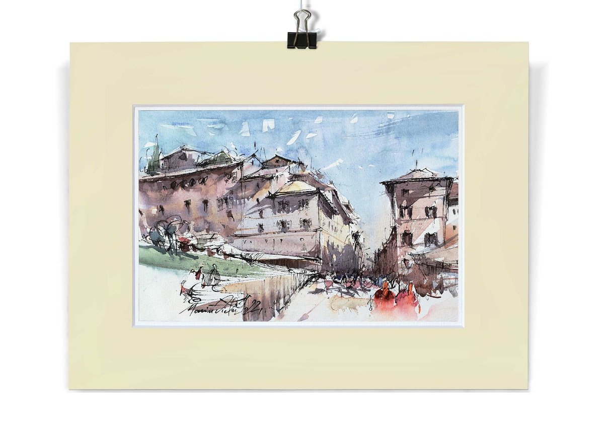 Watercolor urban sketch painting of Assisi, Italy. by Marin Victor