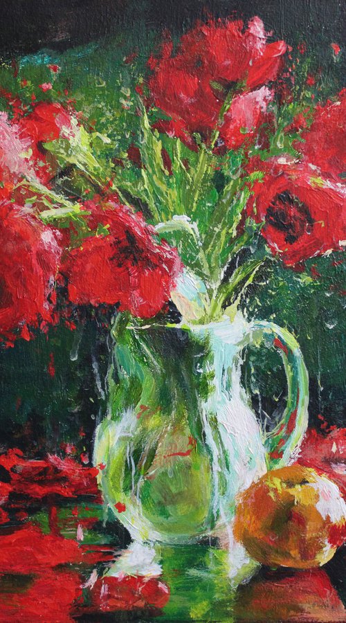 Poppies in a glass vase. 40x30. ORIGINAL OIL PAINTING, GIFT by Linar Ganeev