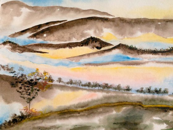 mountains landscape original watercolor painting wet on wet watercolor"Breath of Mountains"