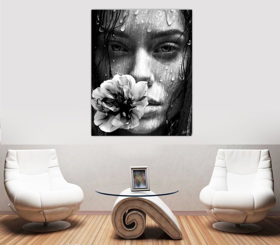 Girl with Flower in the Rain