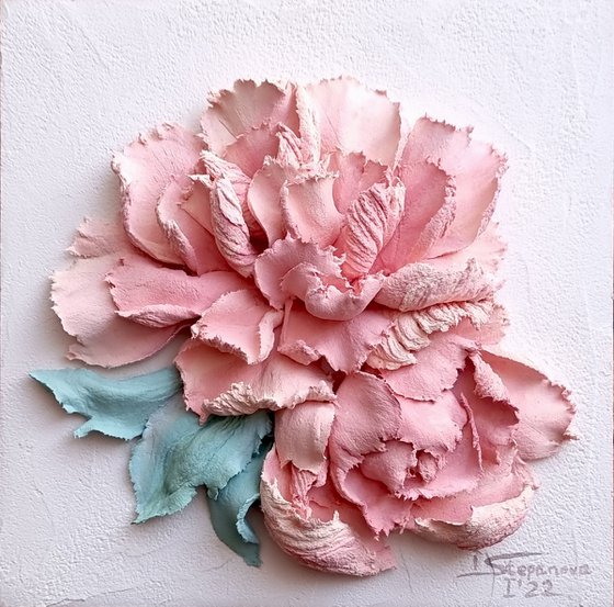 Peony flower panel. Small ceramic sculpture 3d flower with pink petals. Tender peony botanical bas- relief. Peonies - 3d painting