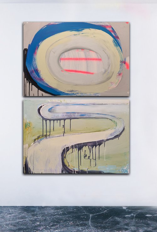 Oil painting, canvas art, stretched, "My way 15". Size: diptych 2x 39,4/ 27,6 inches (2x100/70cm). by Kariko ono