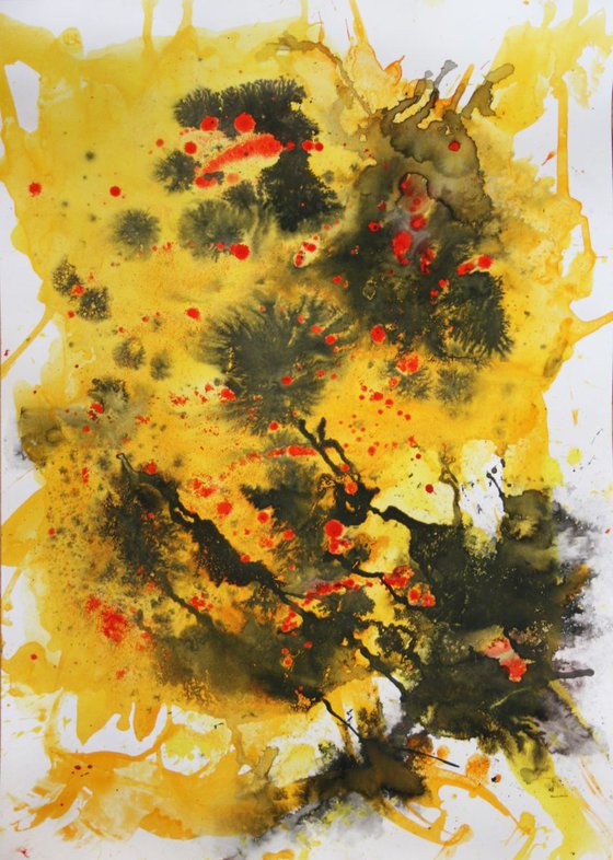 Untitled III Abstraction... experiments with watercolors and ink... yellow black and red... /  ORIGINAL PAINTING