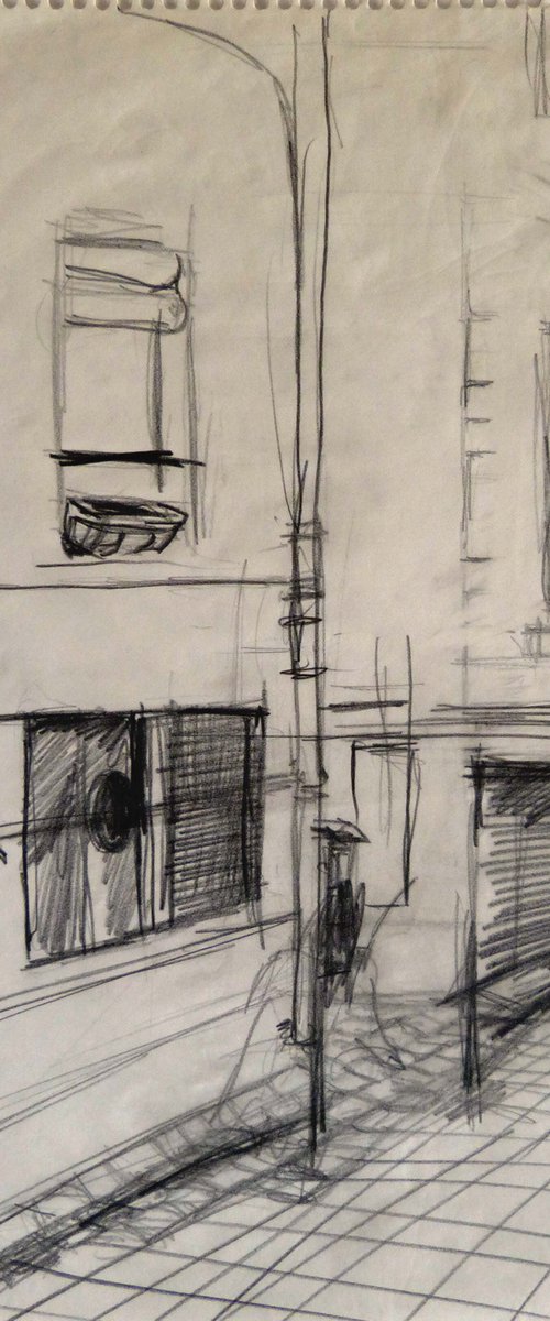 Courtyard 69, vintage pencil drawing 29x21 cm by Frederic Belaubre