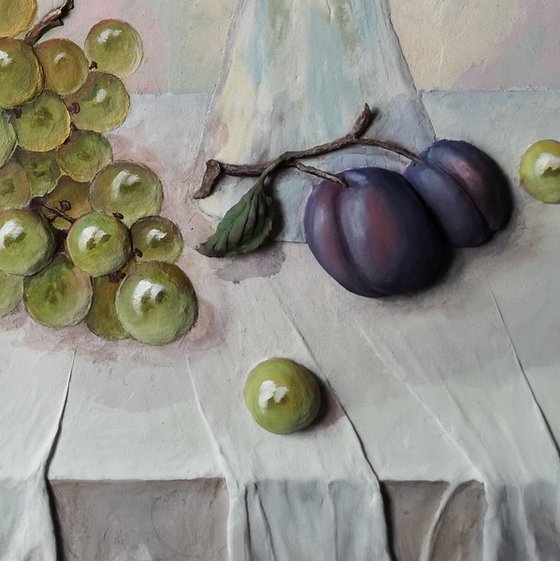 Still life with grapes and peonies - Fresh cut flowers and ripe fruit are always on your table, 70x50x6 cm depts