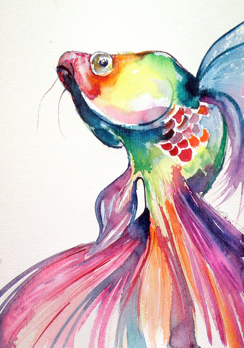 Impressionistic Animal Watercolour By Kovacs Anna Brigitta, 10 X 14", Colorful Fish, Original Artwork
