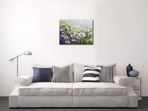 Daisies painting, Chamomiles flowers white daisies blooming original impasto oil canvas artwork