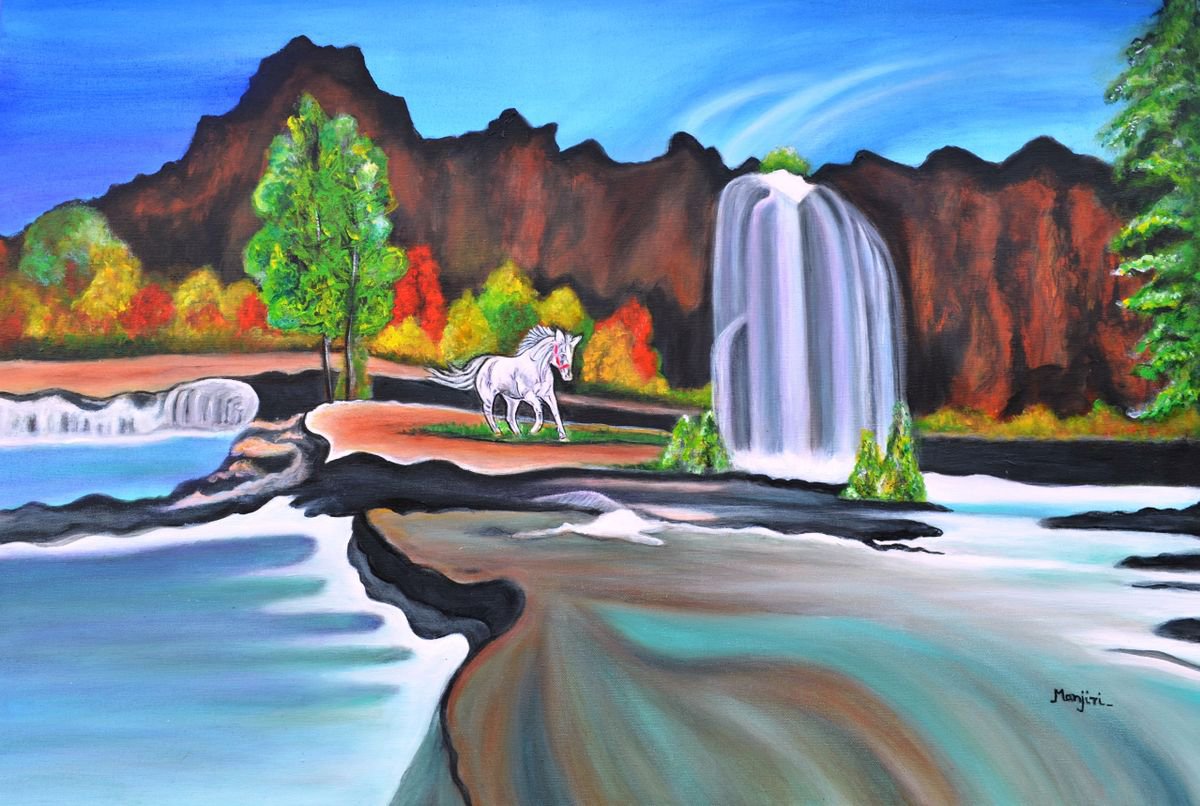The Waterfall landscape on canvas by Manjiri Kanvinde